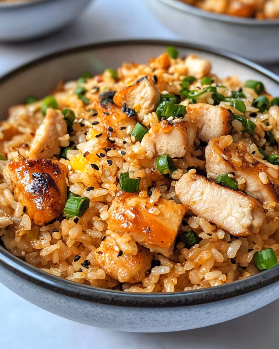 Ingredients for BBQ chicken fried rice with oil, chicken, seasonings, rice, and eggs