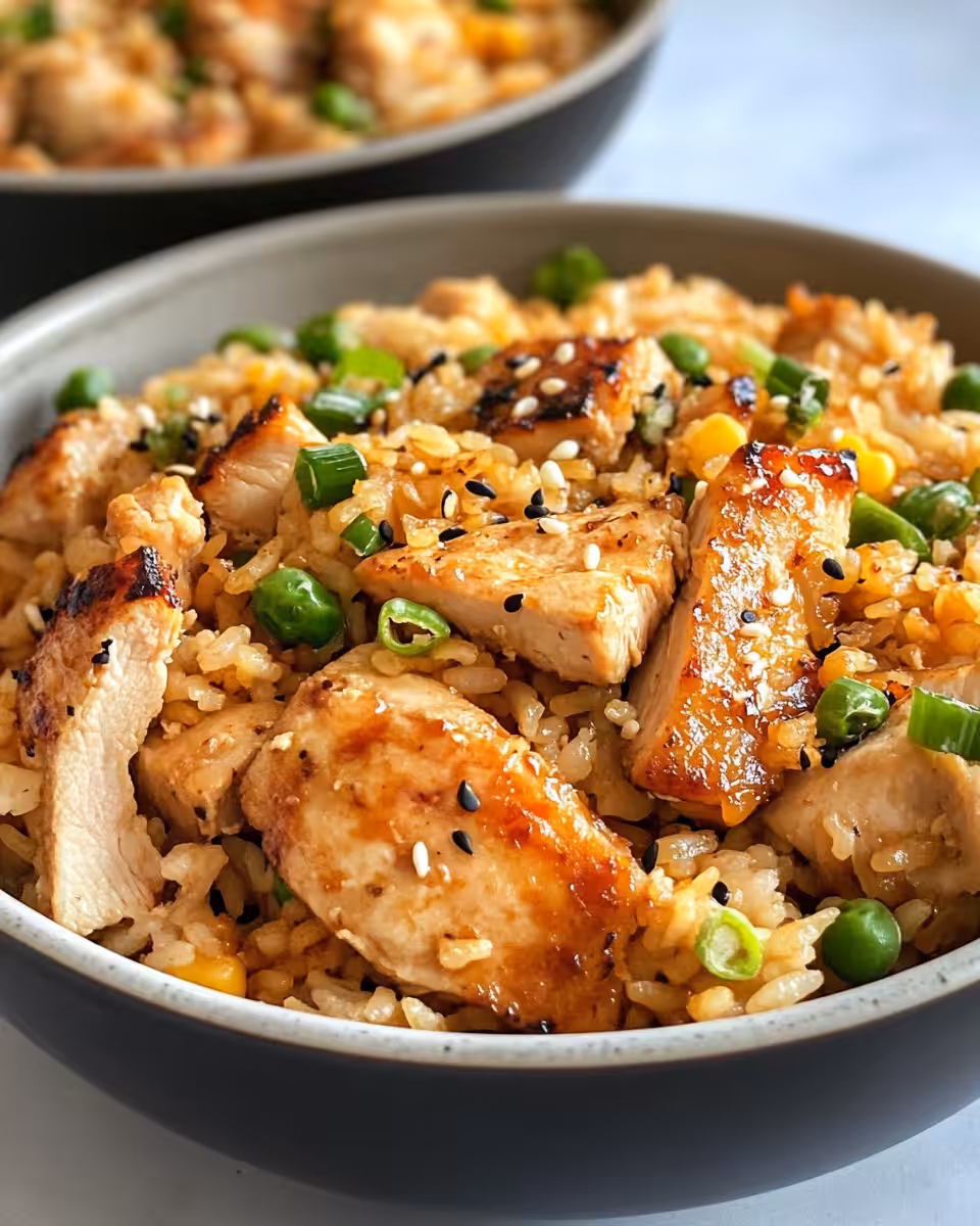 Final plated Japanese BBQ chicken fried rice garnished with sesame seeds and scallions