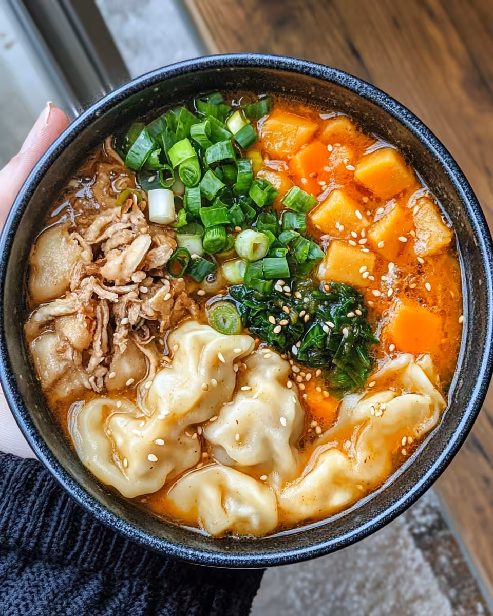 Ingredients and potstickers cooking in pressure cooker broth