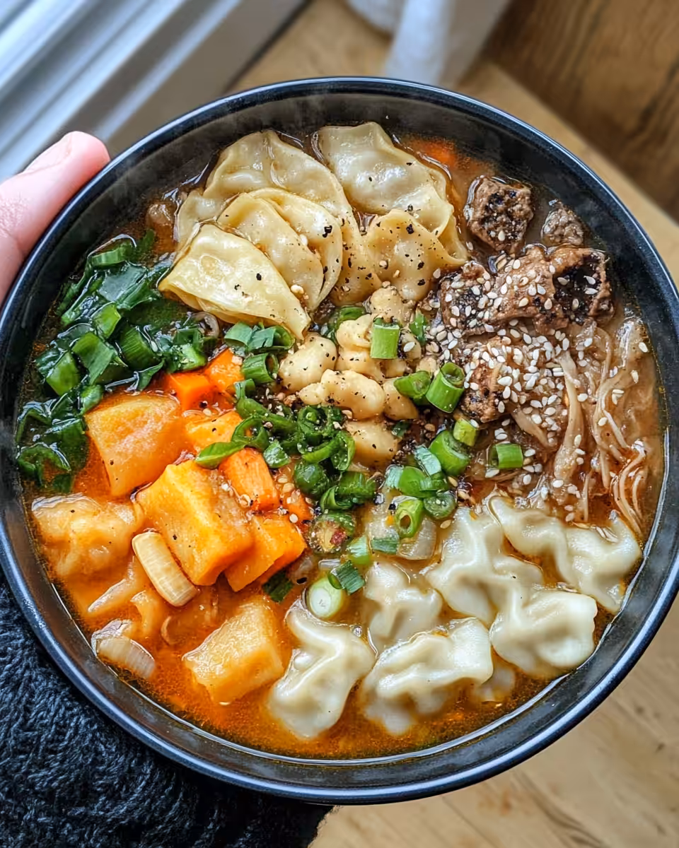 Steaming potsticker soup in pressure cooker inviting aroma