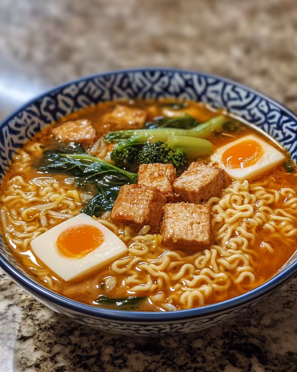 Bowl of finished ramen noodle soup with scallions and eggs
