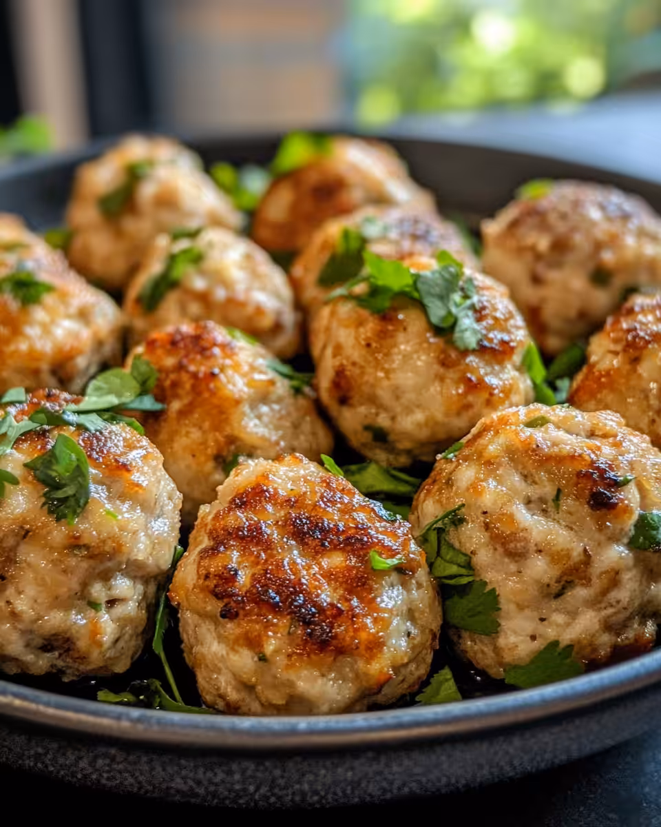 Golden baked Thai chicken meatballs resting on baking tray