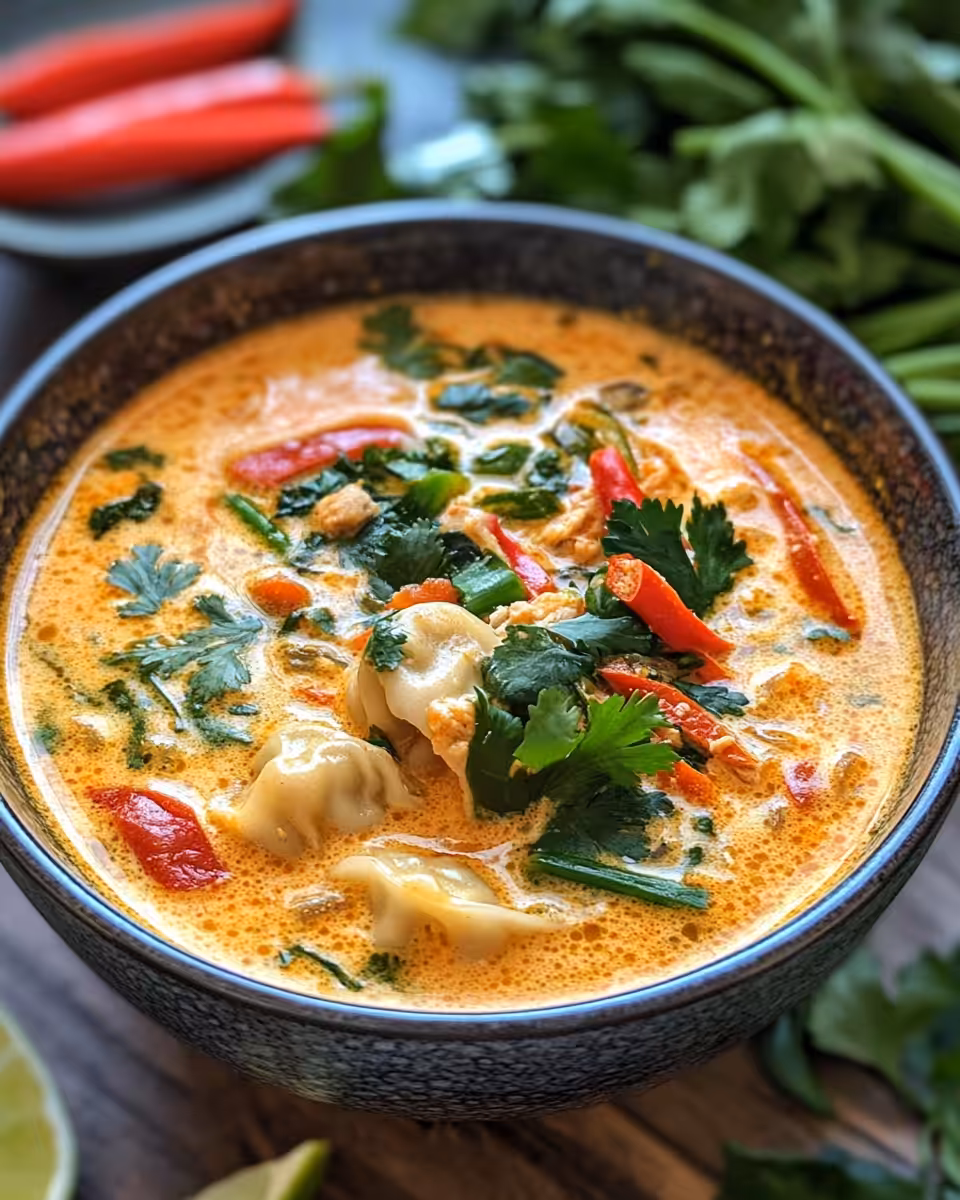 Ingredients for Thai coconut curry dumpling soup including vegetables and curry paste