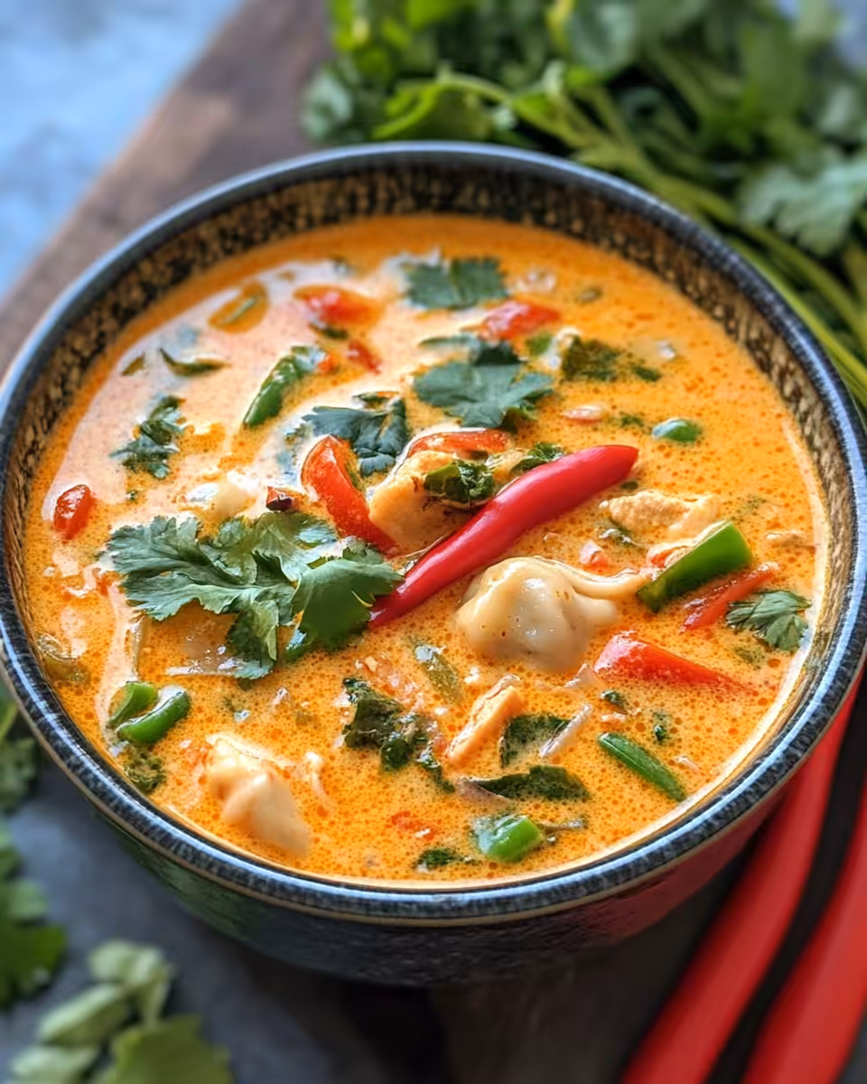 finished bowl of Thai coconut curry dumpling soup garnished with cilantro and scallions
