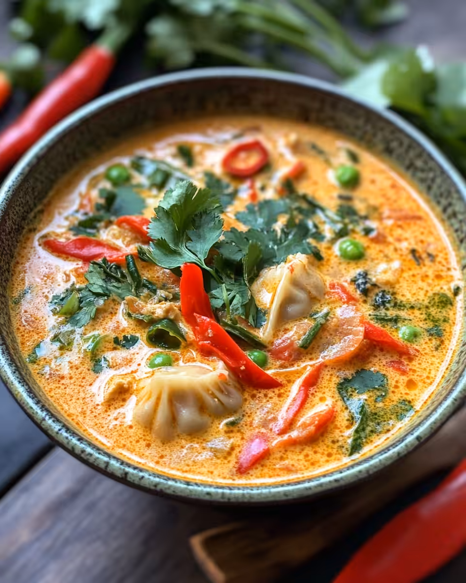 Steaming Thai coconut curry dumpling soup in a pressure cooker, aroma filling kitchen