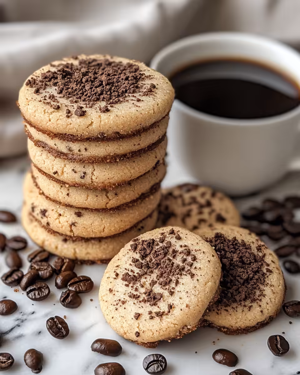Finished espresso shortbread cookies cooling on wire rack
