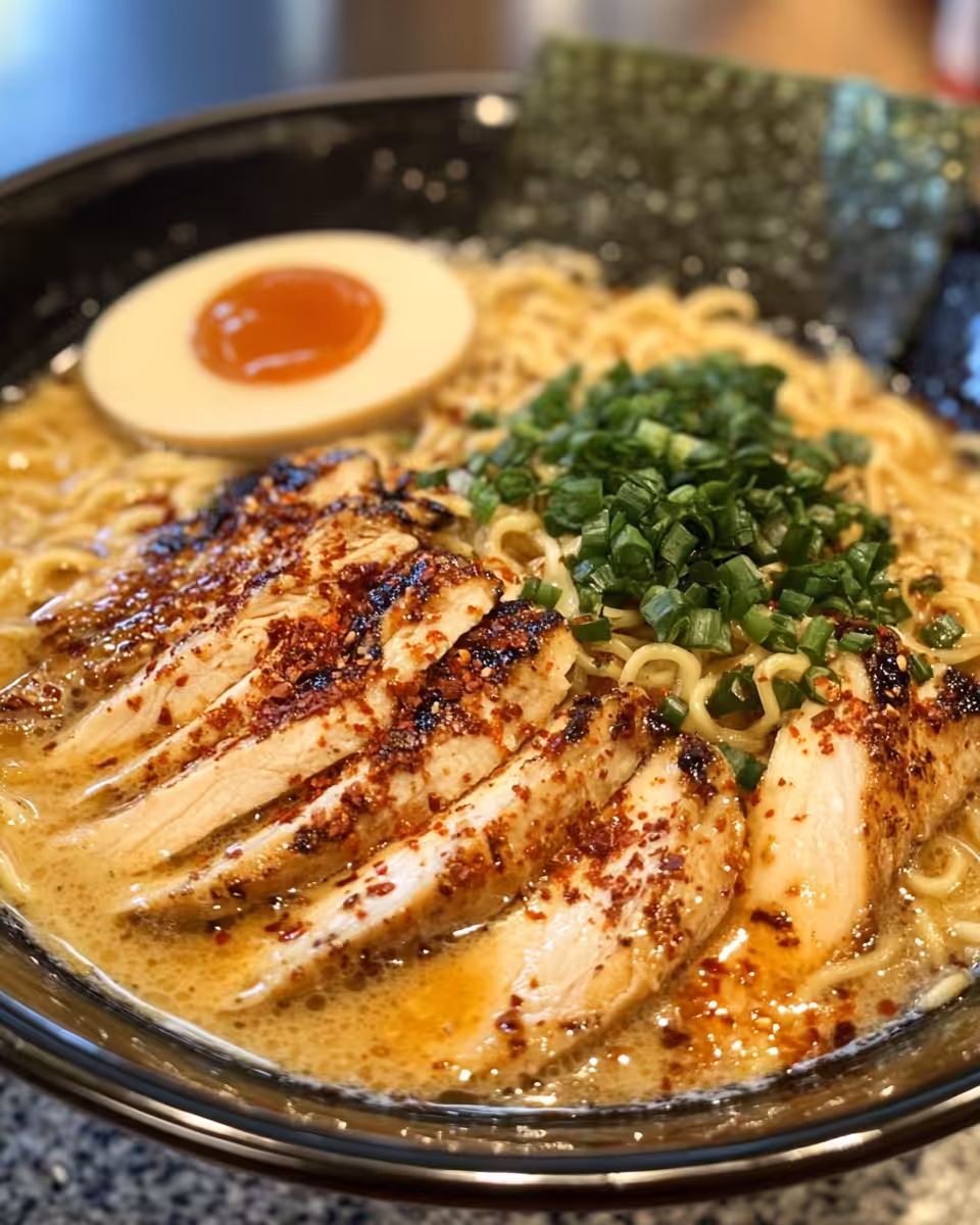 Ingredients and steps for making fiery chicken ramen with creamy garlic sauce