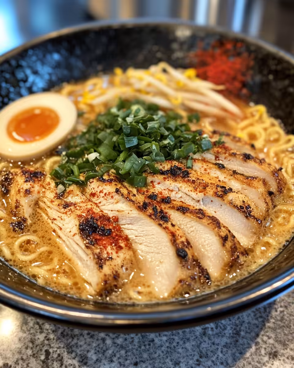 Served fiery chicken ramen with creamy garlic sauce garnished with chili oil and sesame seeds