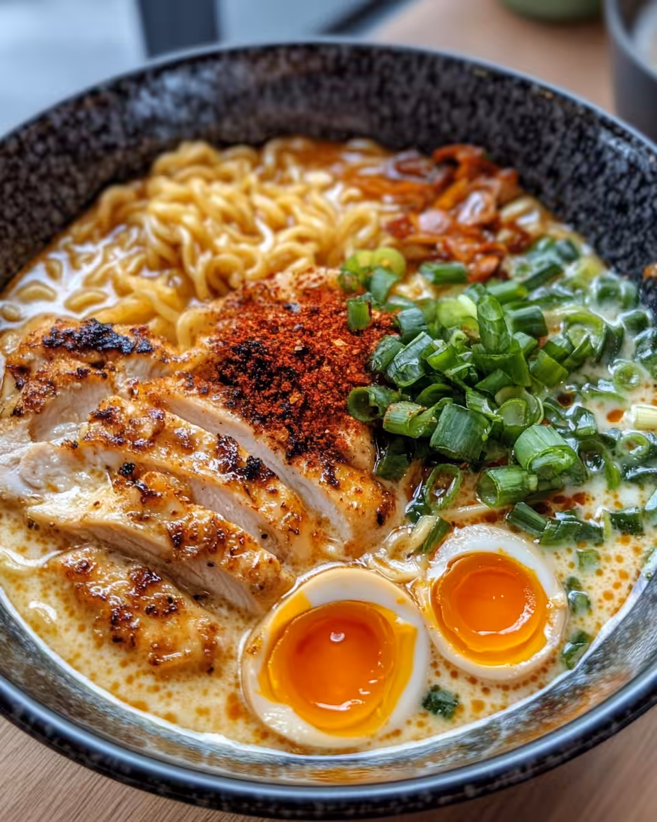 Fiery Chicken Ramen cooking in pressure cooker with steam and pop