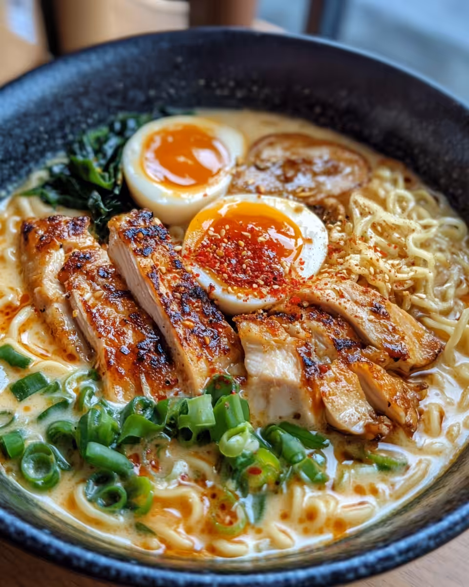 Ingredients for Fiery Chicken Ramen with creamy garlic sauce in bowls