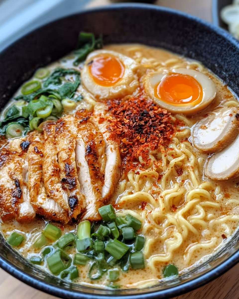 Served Fiery Chicken Ramen with creamy garlic sauce topped with green onions and sesame seeds