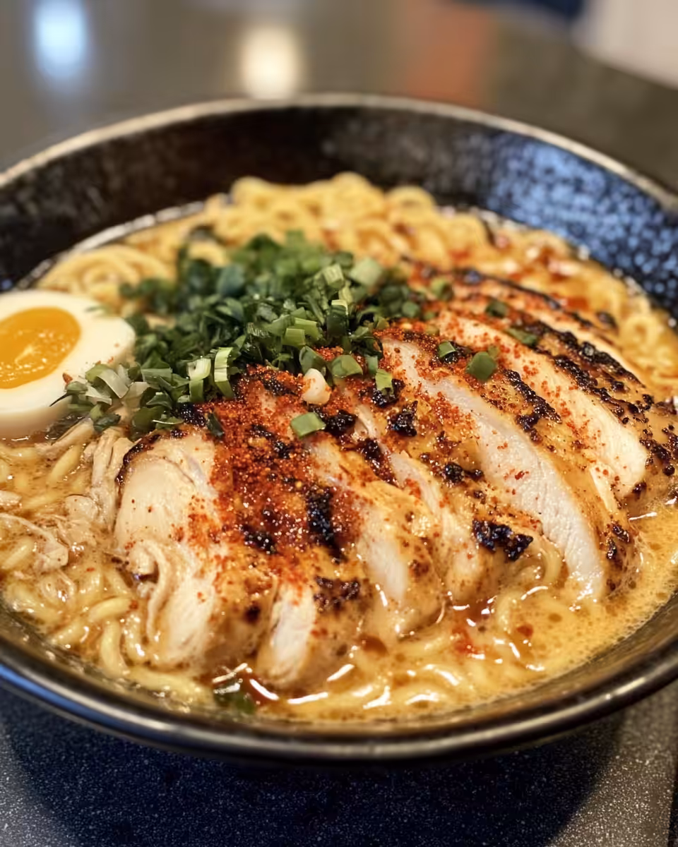 Fiery chicken ramen with creamy garlic sauce in pressure cooker close-up