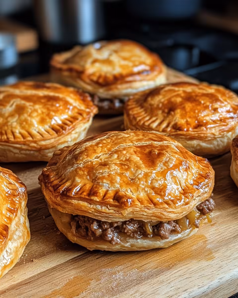 Golden baked mince beef and onion pie cooling before serving
