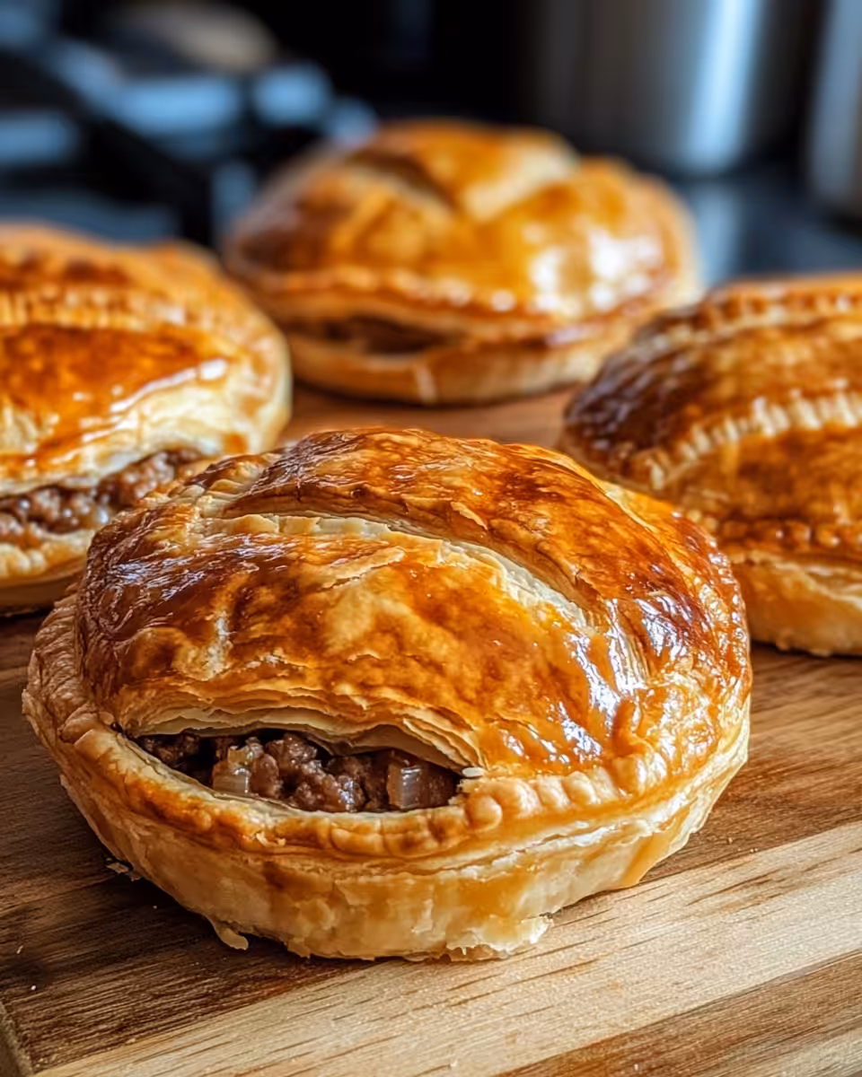 Close-up of flaky mince beef and onion pie fresh from the oven
