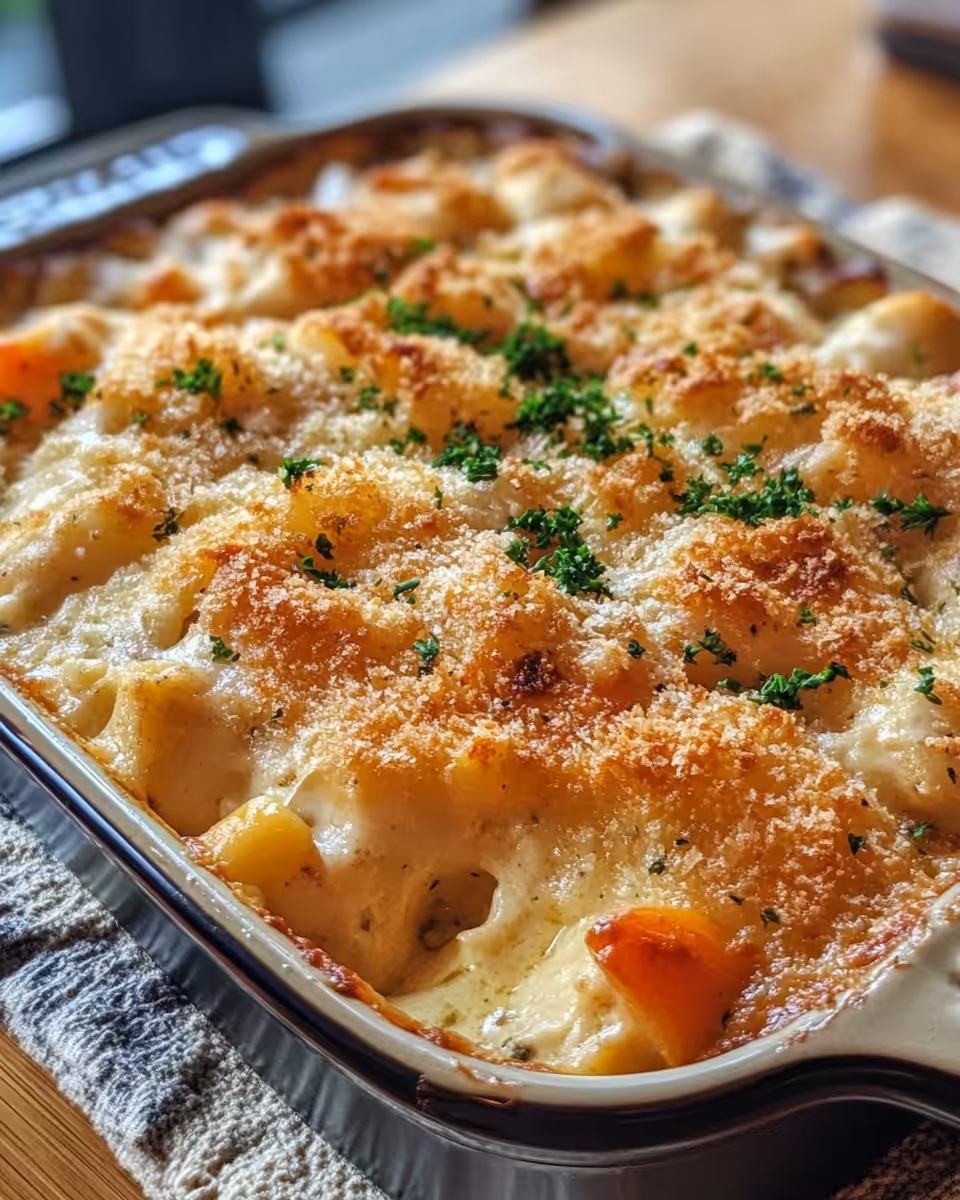 Finished pressure cooked chicken casserole served with parsley garnish