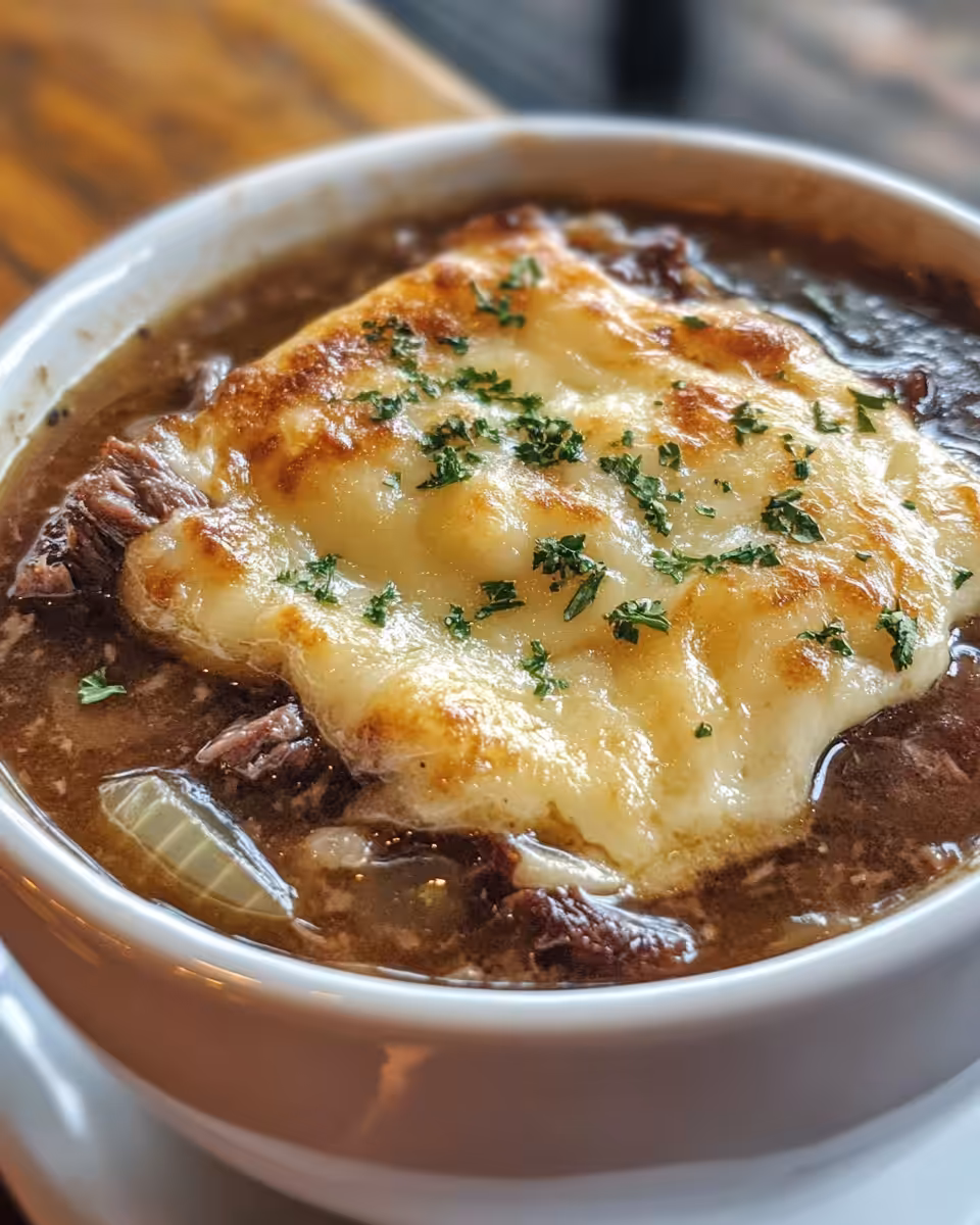 French onion beef short ribs served with melted Gruyere and toasted baguette