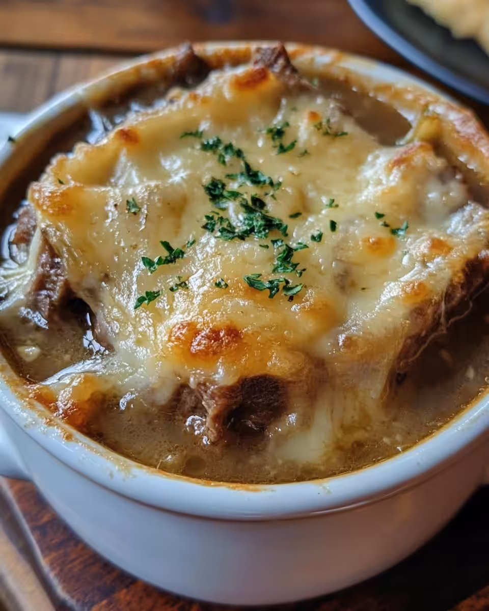 Finished French onion beef short ribs with toasted baguette and Gruyere cheese