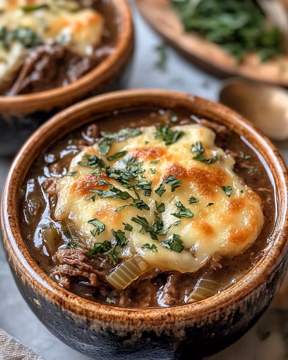 Served French Onion Beef Stew in bowl with toasted cheese baguette