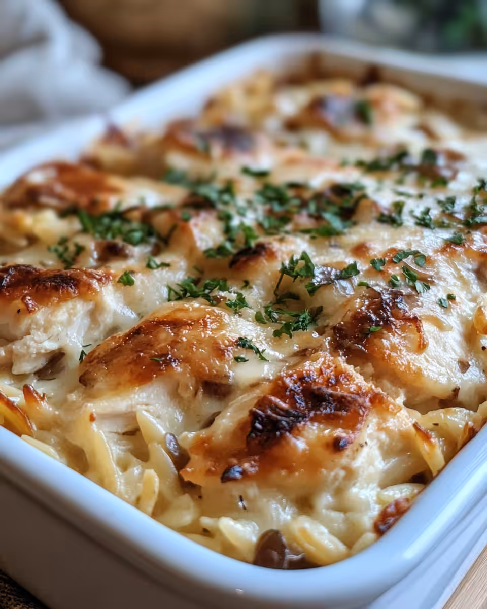 Ingredients and preparation steps for French onion chicken orzo casserole