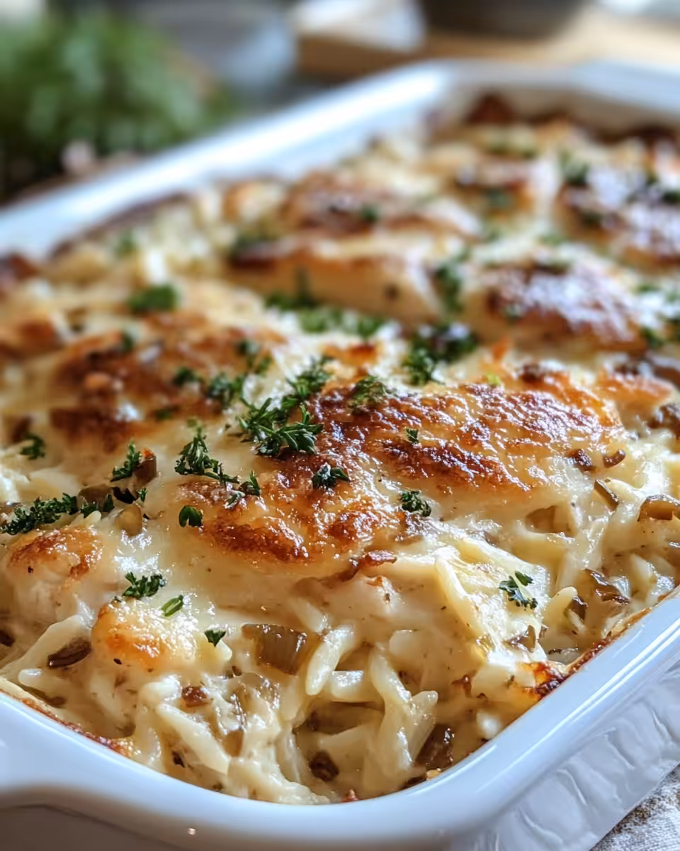Creamy French onion chicken orzo casserole plated and ready to eat