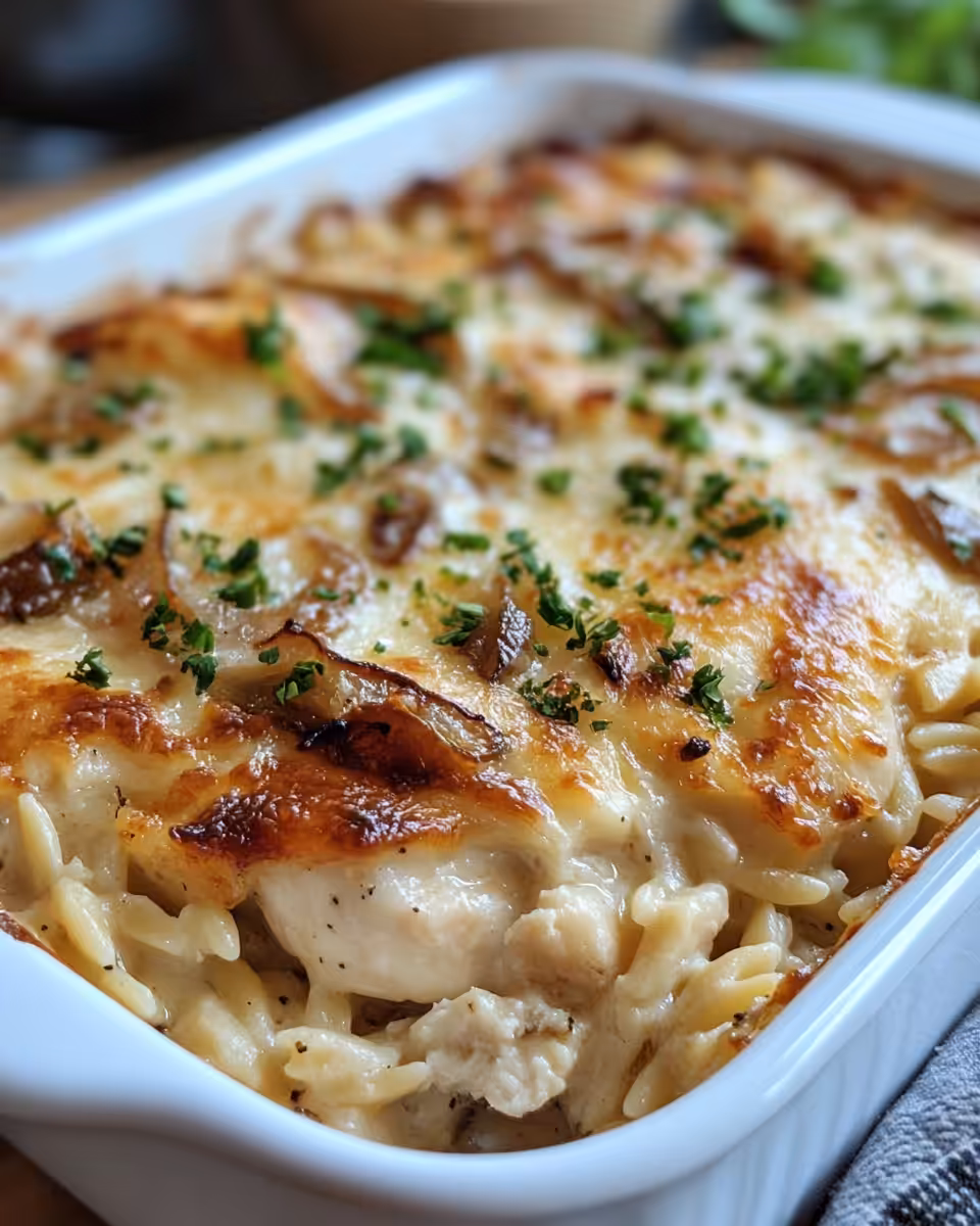 French onion chicken orzo casserole fresh in the pot with steam rising