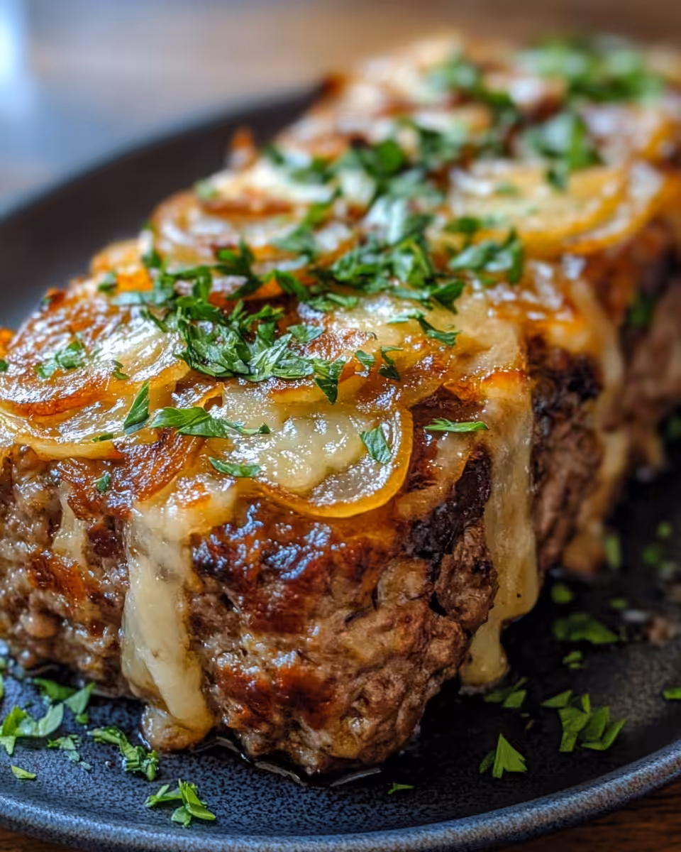 Ingredients for French onion meatloaf including onions, breadcrumbs, ground meat, and eggs