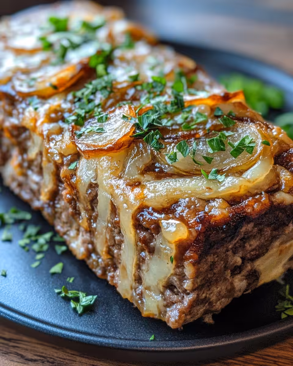 Sliced French onion meatloaf with melting cheese and caramelized onion topping