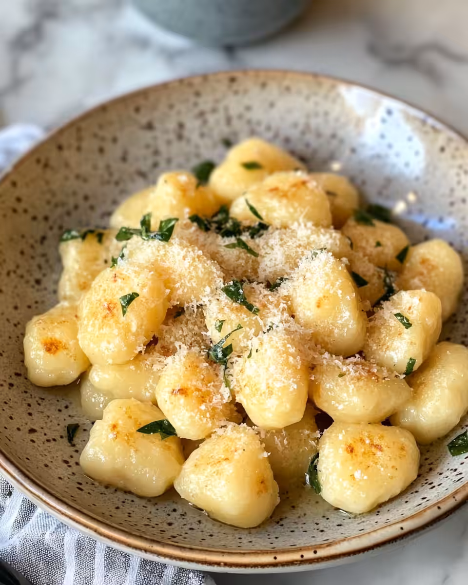 Finished garlic butter Parmesan gnocchi served in a bowl garnished with herbs