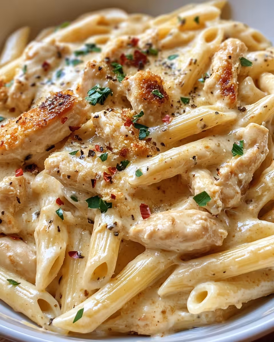 Served plate of creamy Cajun chicken pasta with parsley garnish