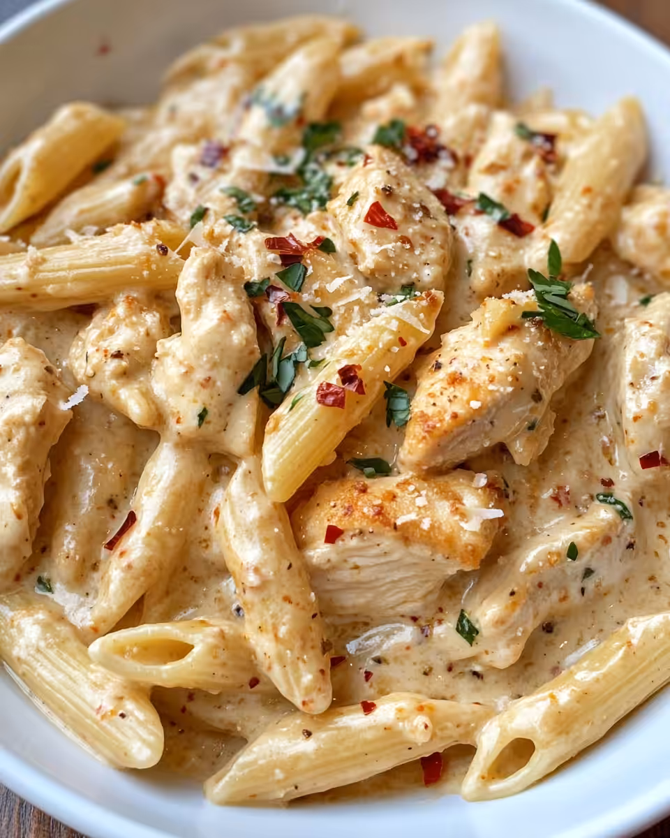 Creamy Cajun chicken pasta simmering in pot