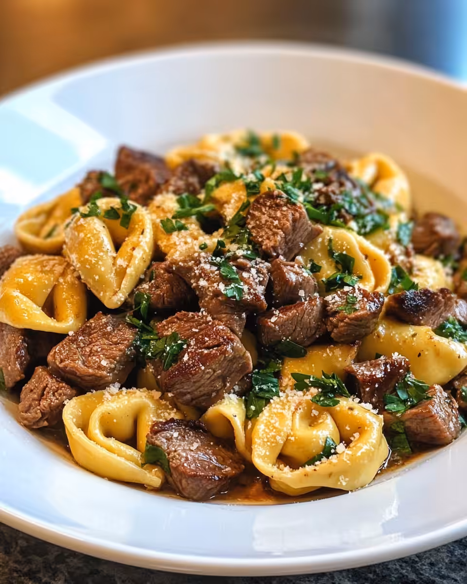 Mixing cooked tortellini and sauce with steak and veggies in skillet