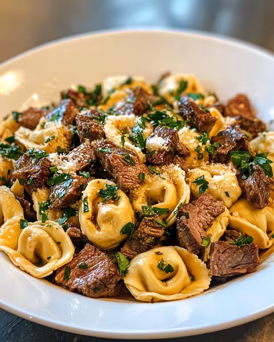 Plated garlic steak tortellini dish ready to eat