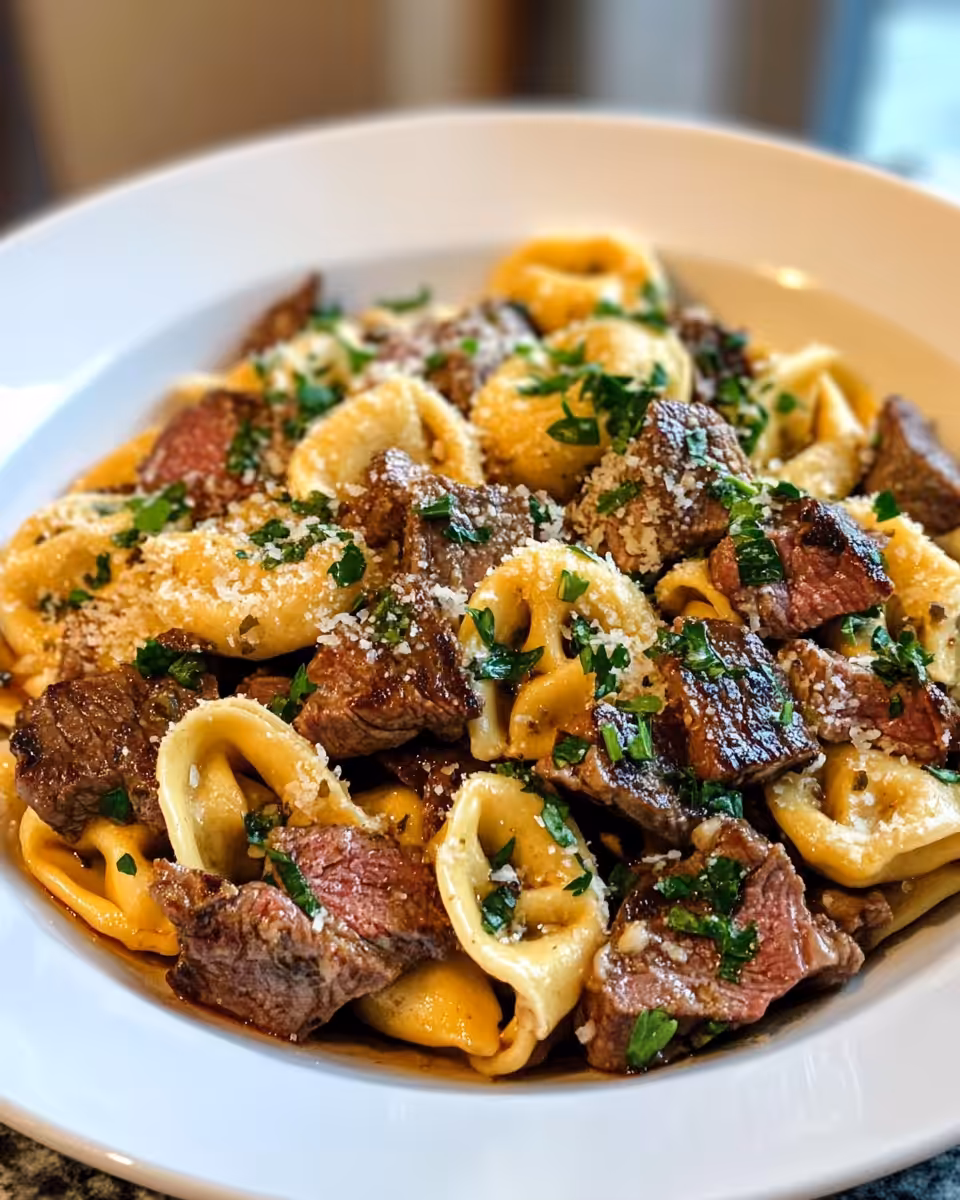 Garlic steak tortellini close-up shot