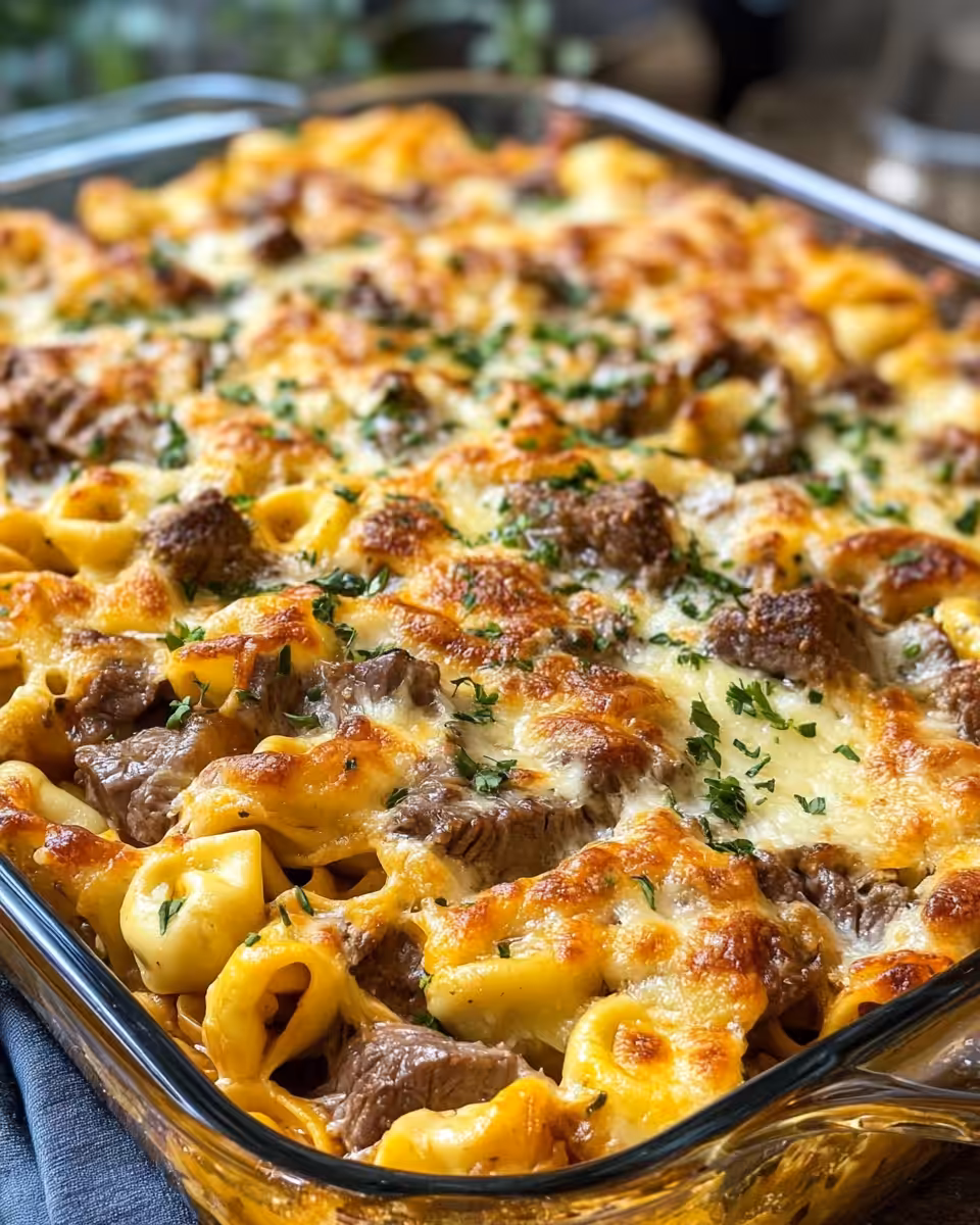 Ingredients and preparation steps for cheese steak tortellini casserole with beef and vegetables