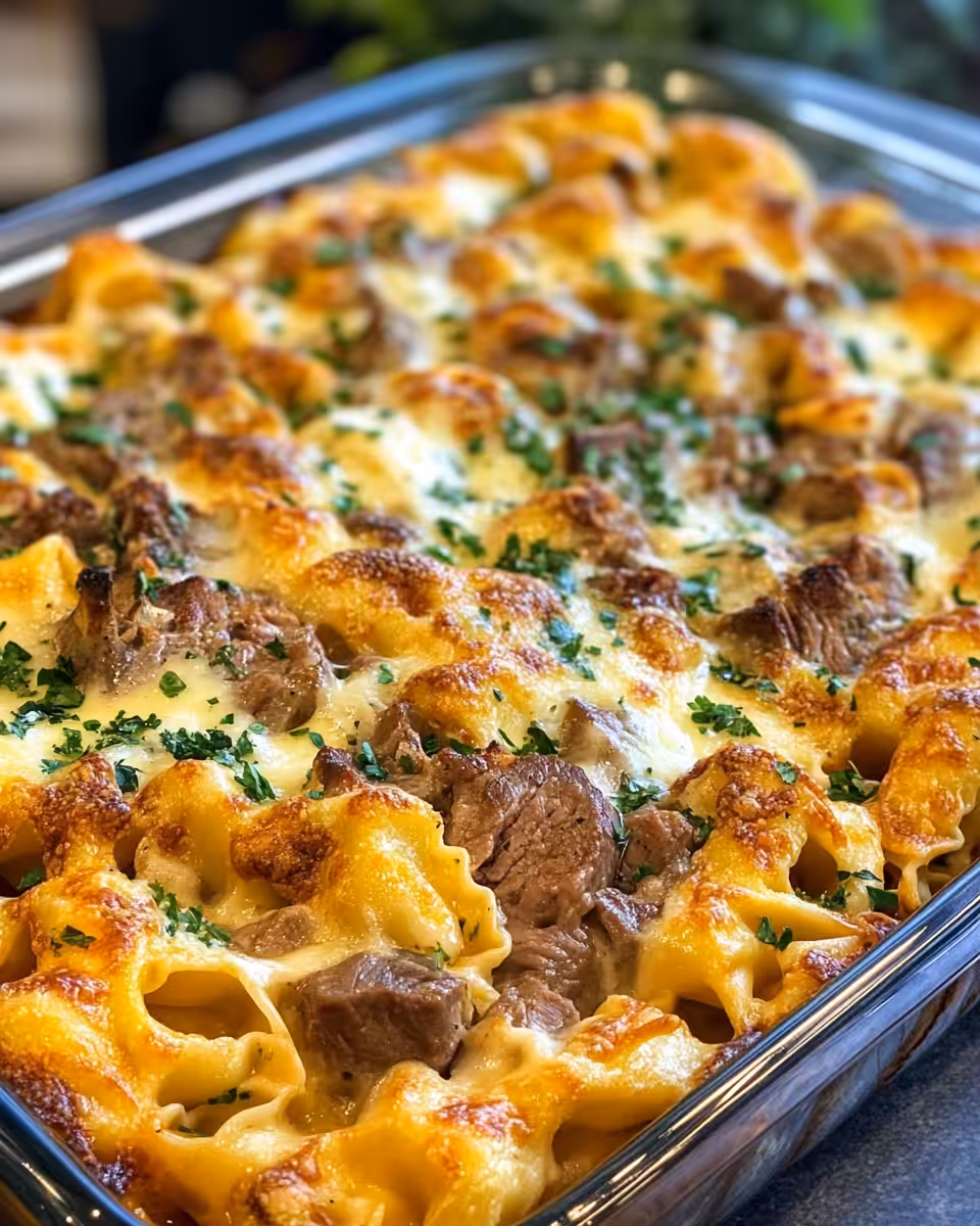 Close-up of melted mozzarella on cheese steak tortellini casserole