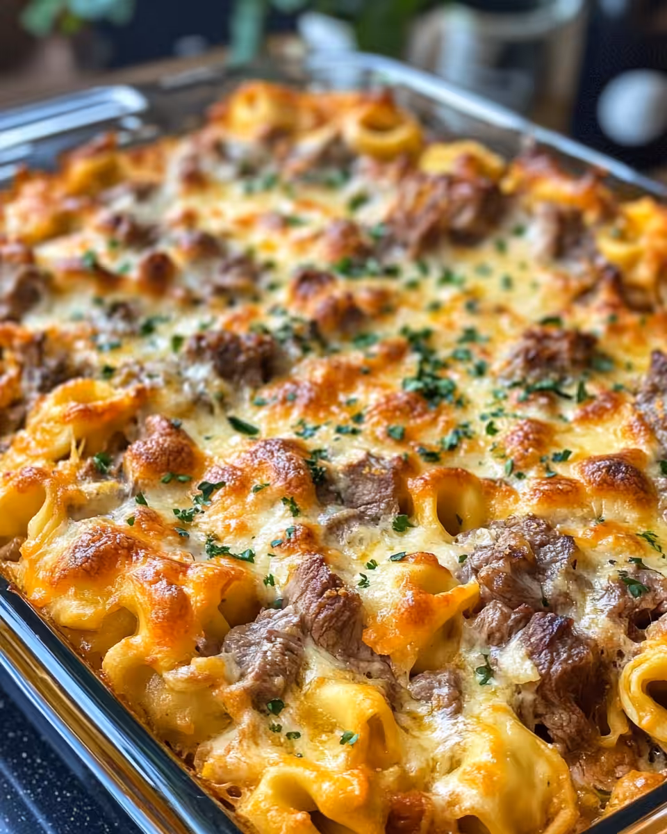 Golden cheese steak tortellini casserole fresh from crock pot showing creamy beef and vegetables