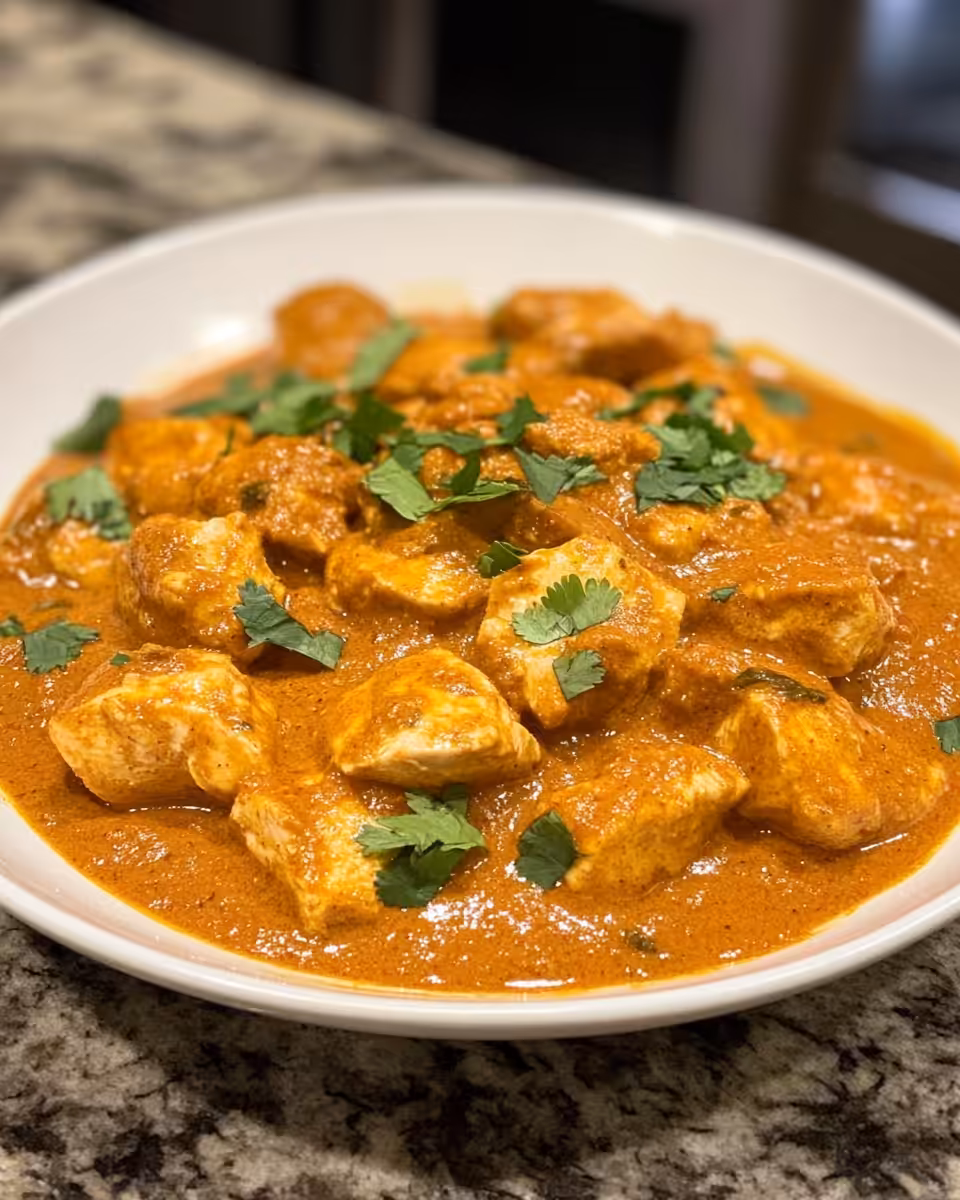 Served chicken tikka masala garnished with fresh coriander leaves