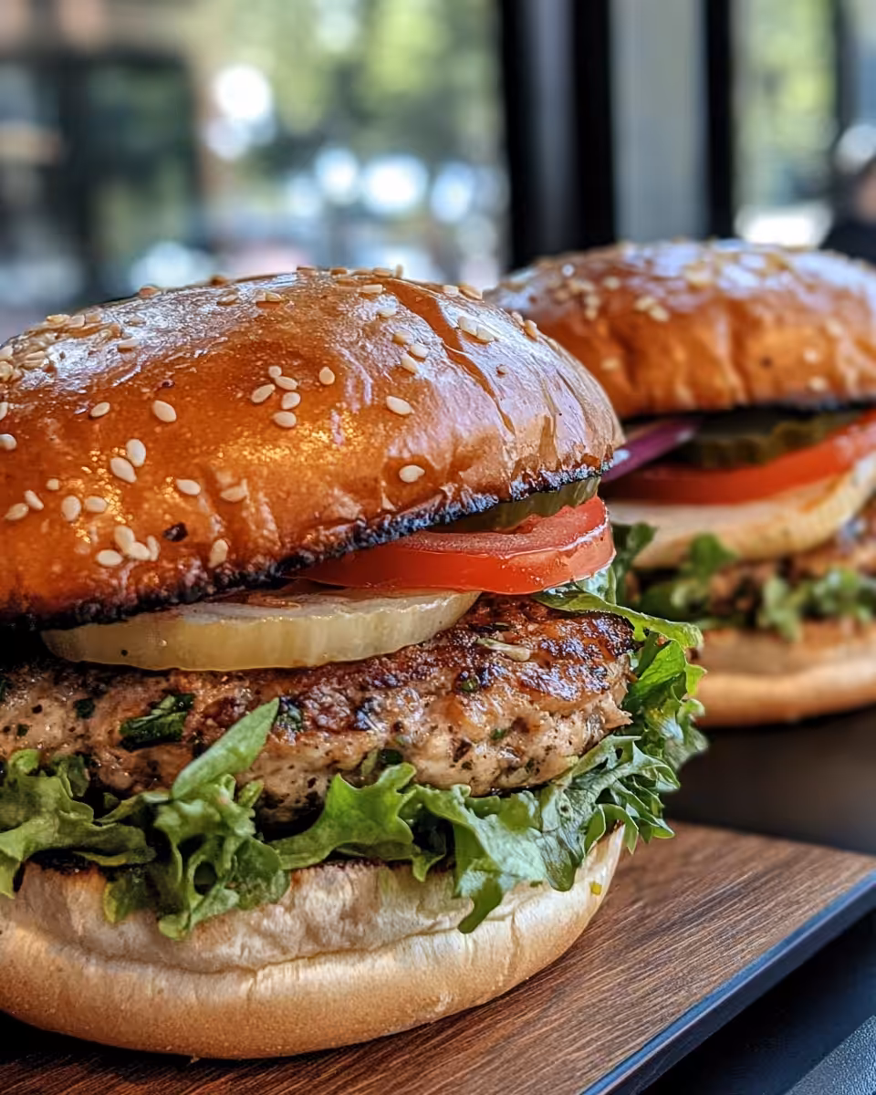 Served Greek chicken burger with bun and fresh toppings