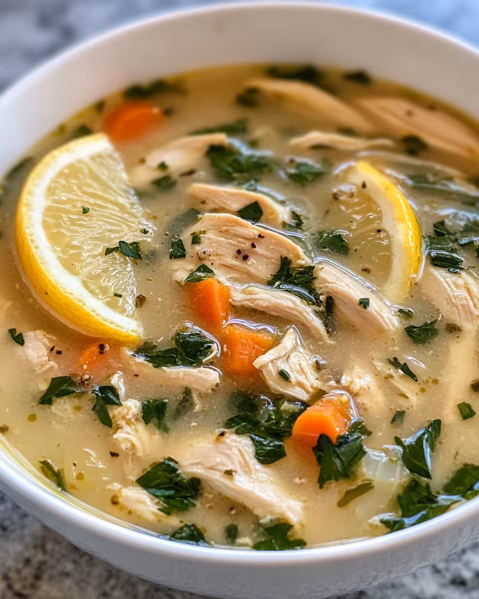 Finished Greek lemon chicken soup served in bowl with garnish