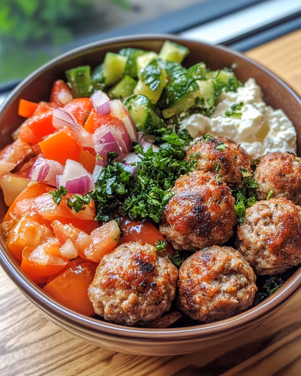 Ingredients and fresh components for assembling Greek meatball bowls
