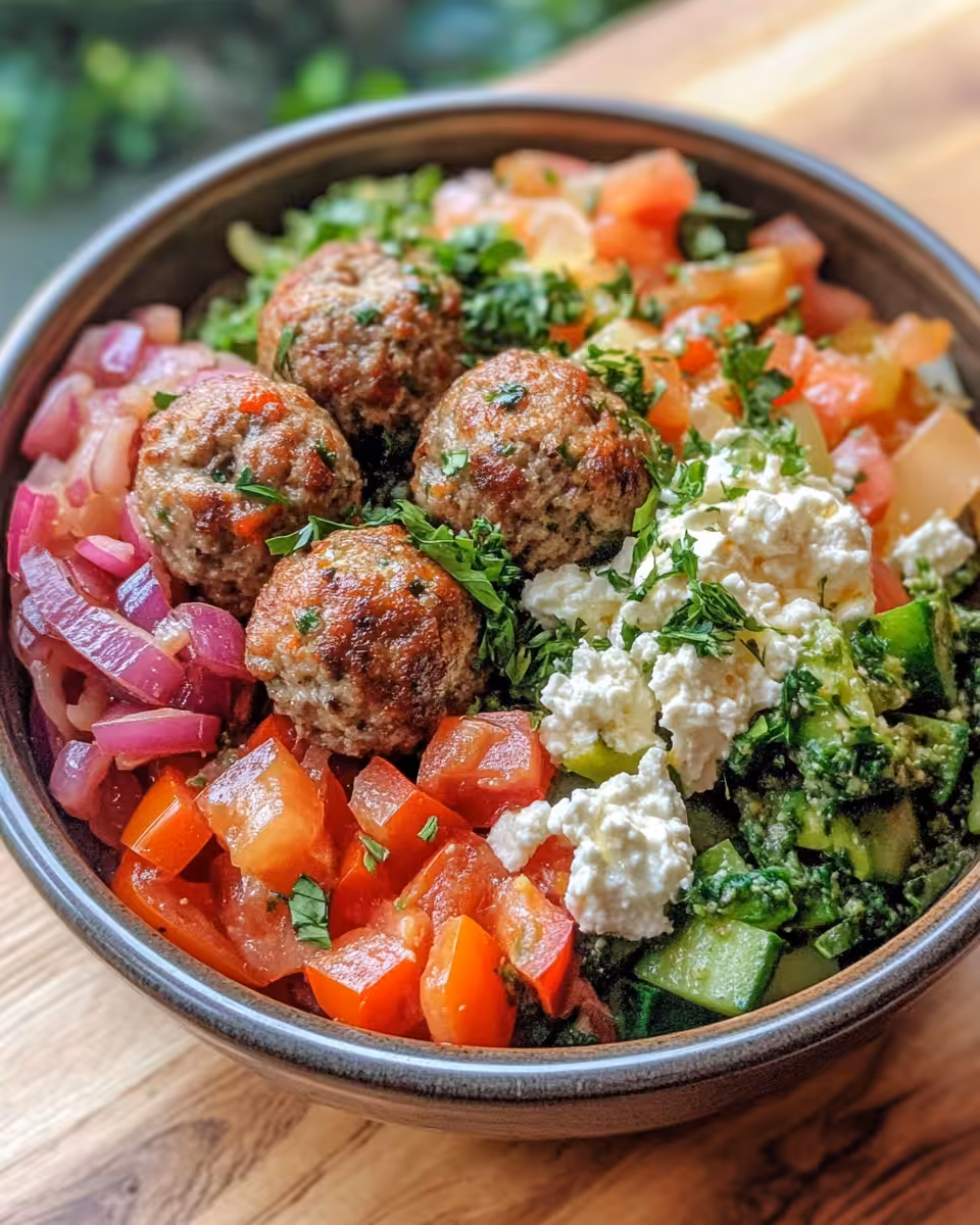 Assembled Greek meatball bowl ready to serve