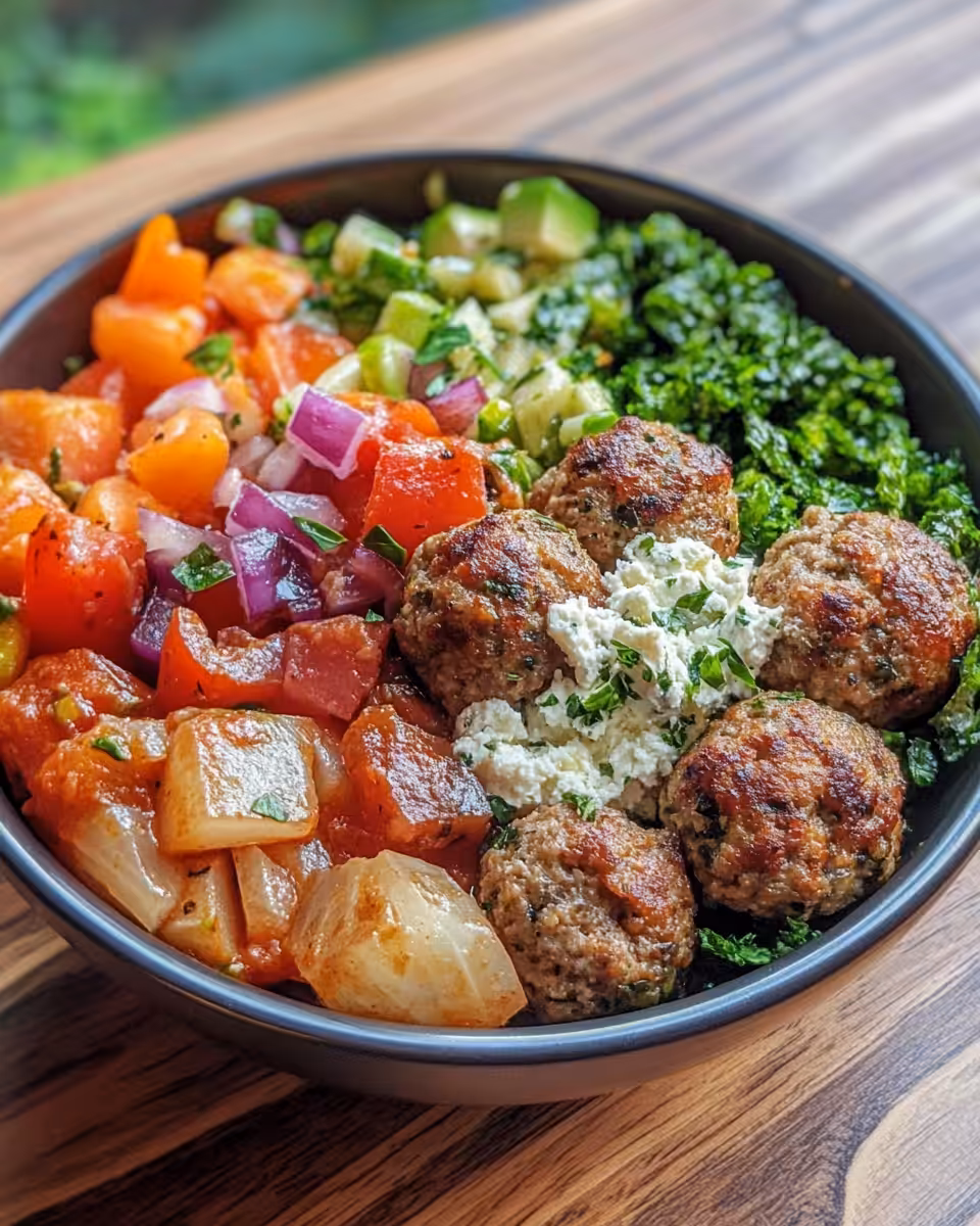 Greek meatball bowl with fresh veggies and tzatziki sauce
