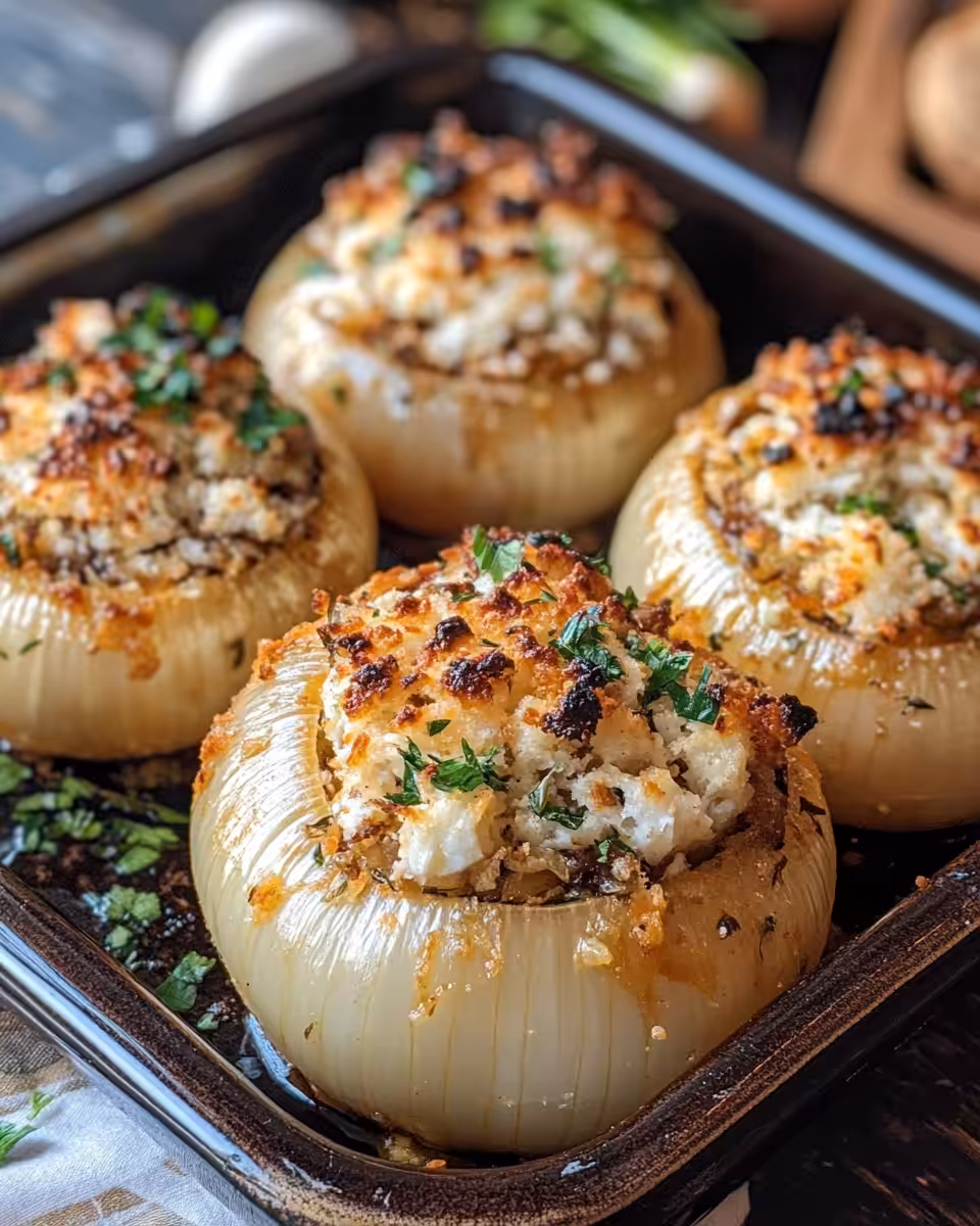 Ingredients for Greek stuffed onions with fresh herbs and feta cheese