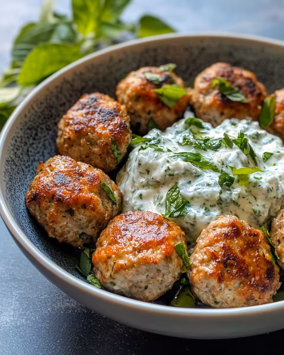 Served Greek turkey meatballs with tzatziki sauce in pita bread