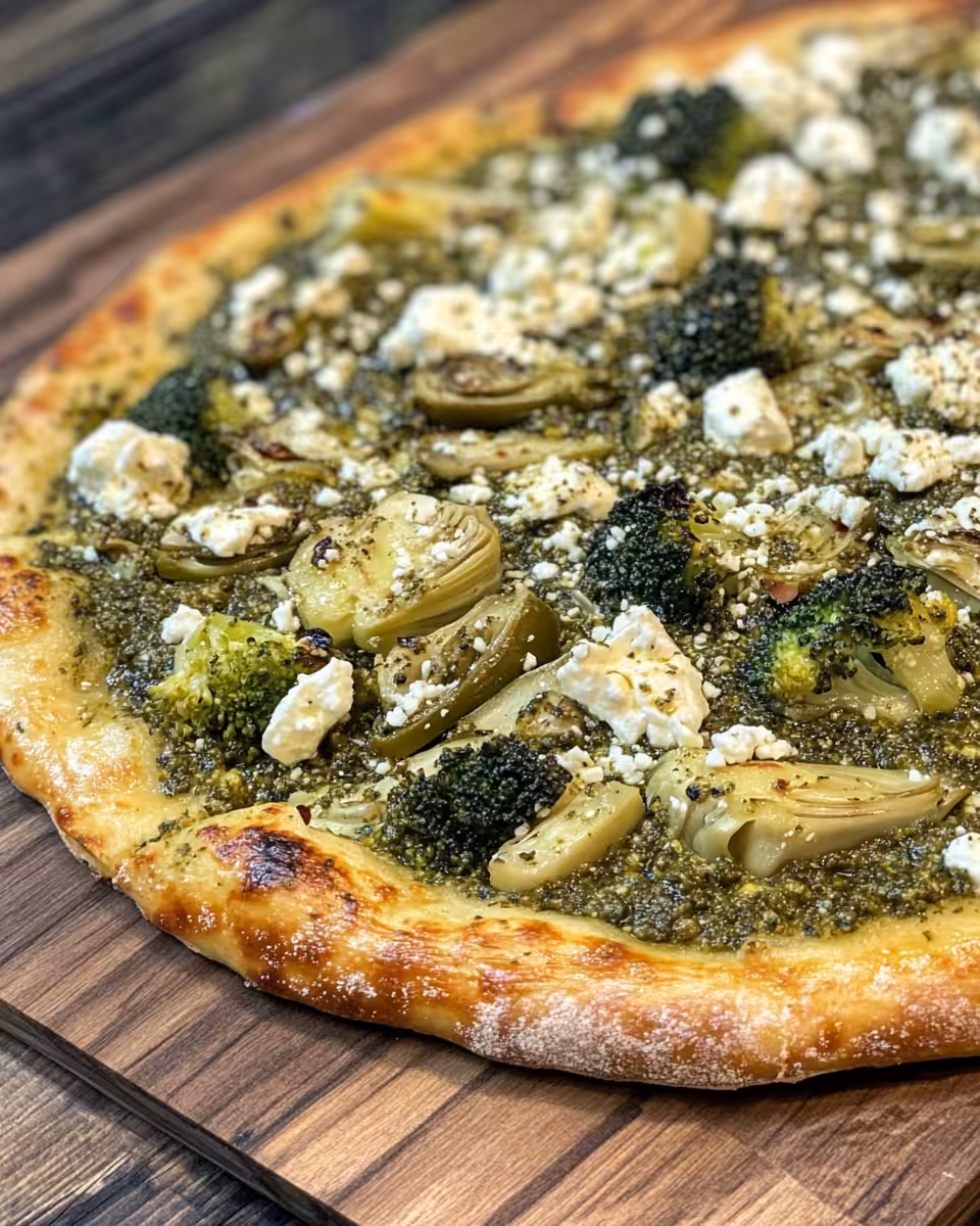 Baked green pizza fresh out of oven with golden crust and melted cheese