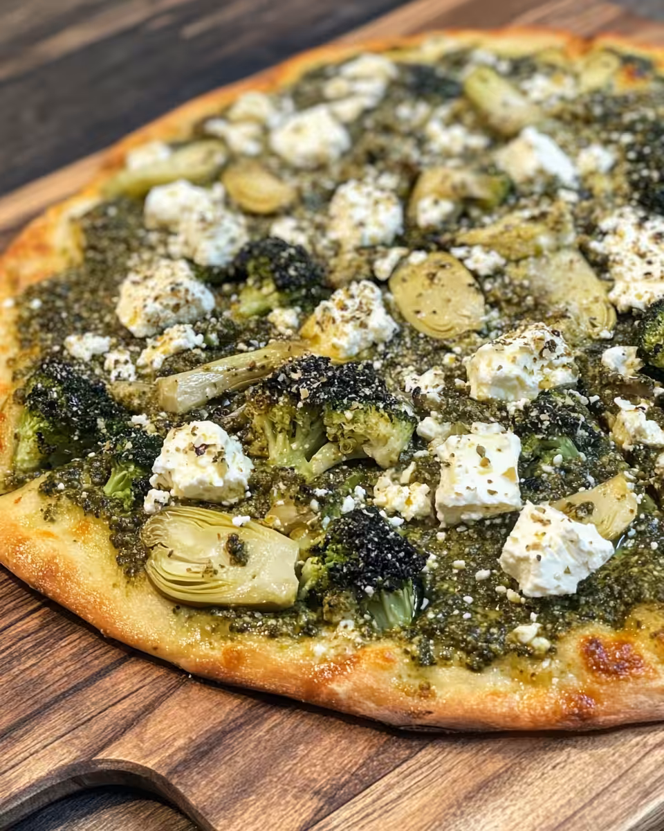 Green pizza with pesto, feta, artichokes, and broccoli fresh from pressure cooker