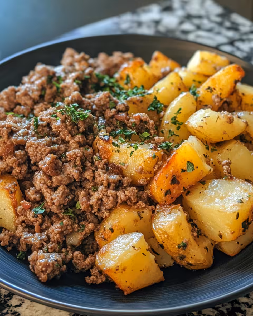 Ingredients of ground beef and potatoes with onions and spices prepared in skillet