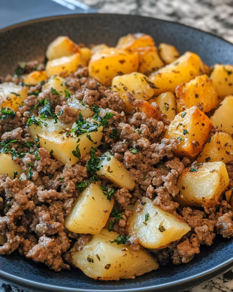 Final cooked ground beef and potatoes ready to serve in a bowl