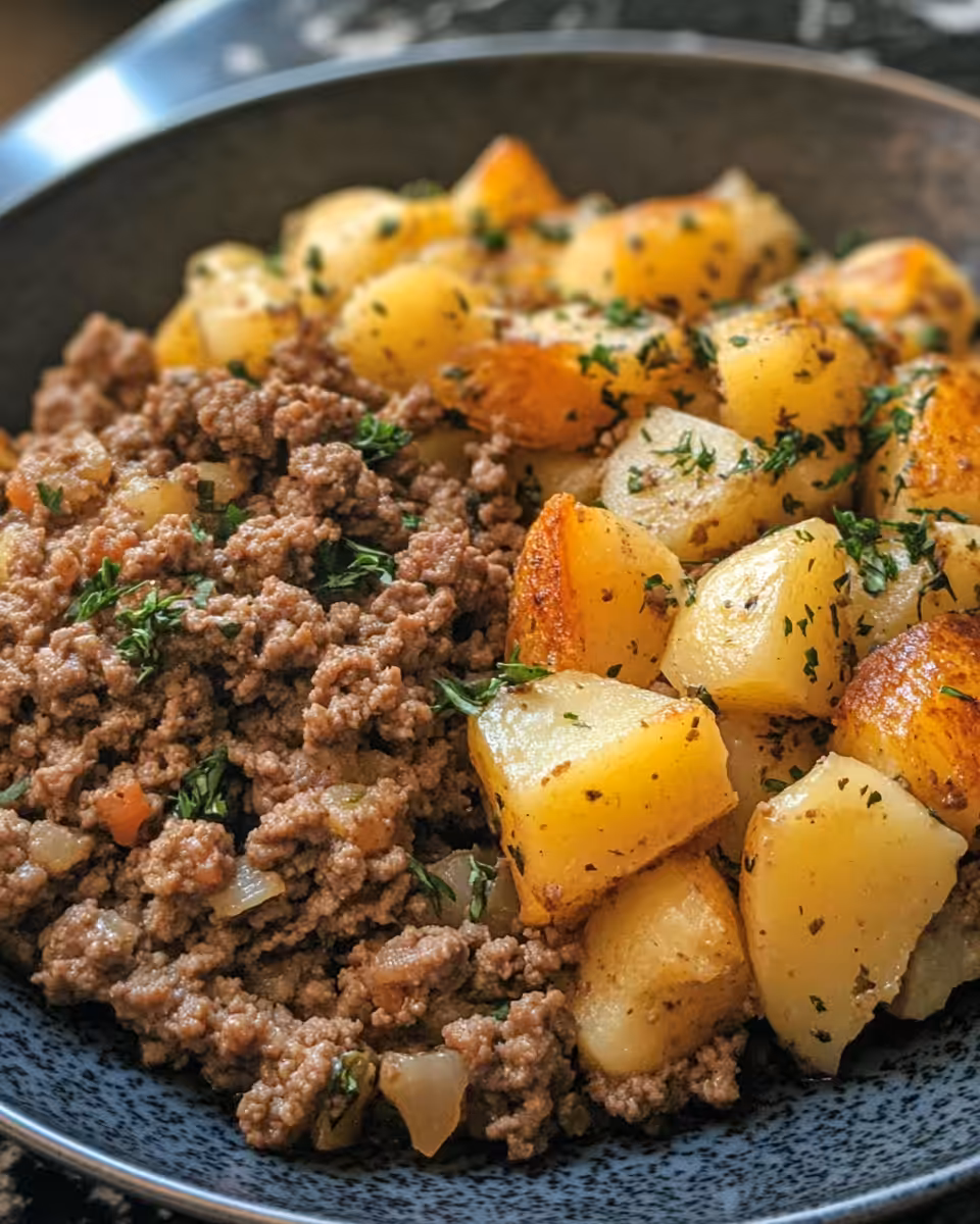Hearty ground beef and potatoes in skillet cooking