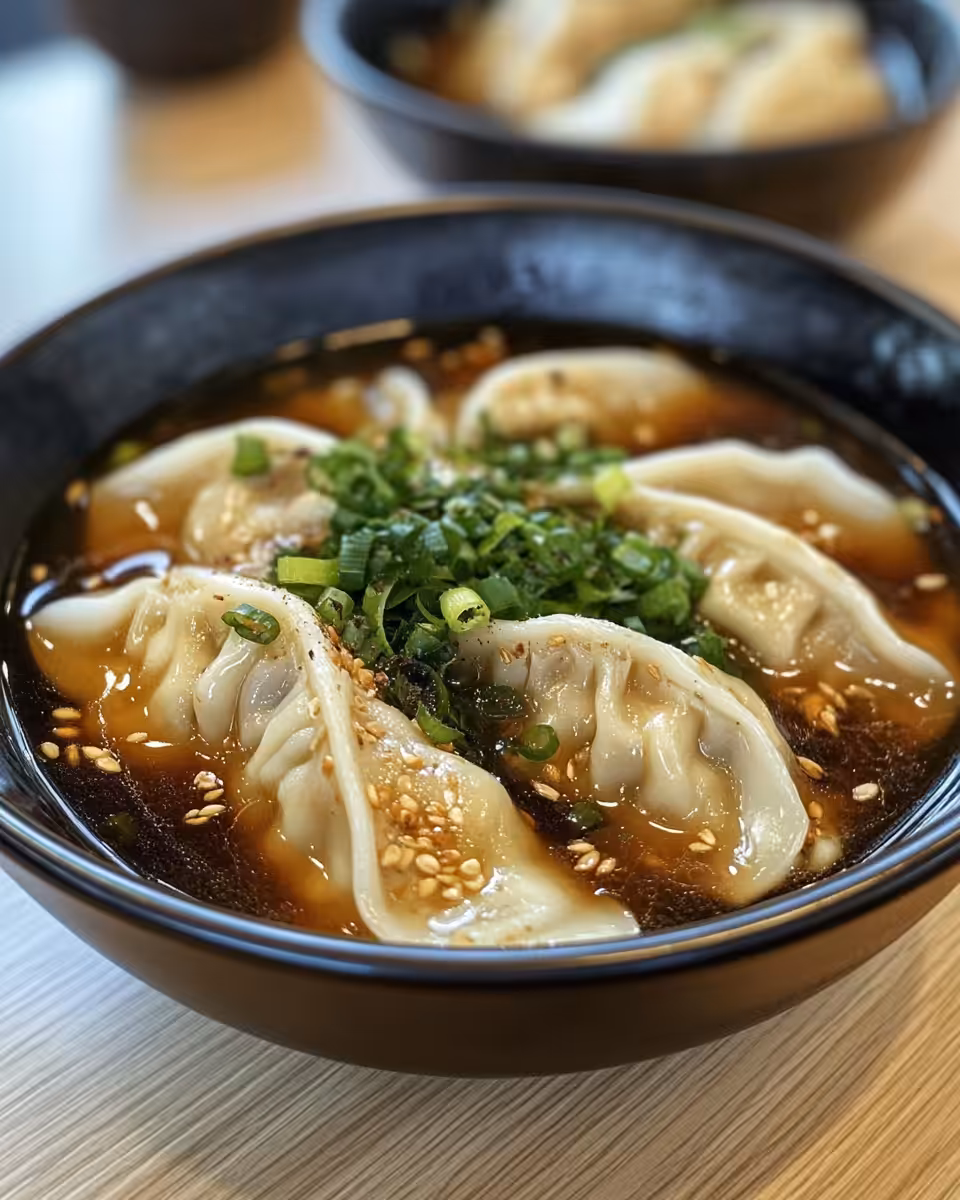 Bowl of finished gyoza soup garnished with scallions and sesame oil